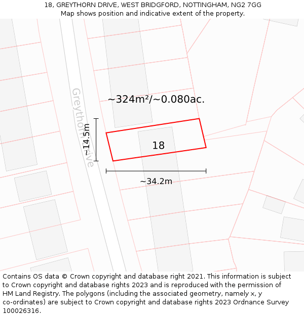 18, GREYTHORN DRIVE, WEST BRIDGFORD, NOTTINGHAM, NG2 7GG: Plot and title map