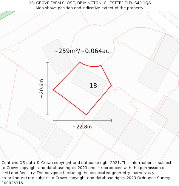 18, GROVE FARM CLOSE, BRIMINGTON, CHESTERFIELD, S43 1QA: Plot and title map