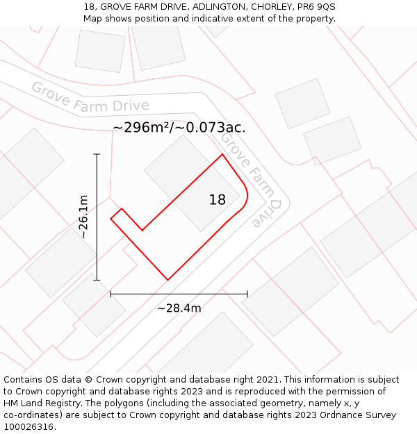 18, GROVE FARM DRIVE, ADLINGTON, CHORLEY, PR6 9QS: Plot and title map