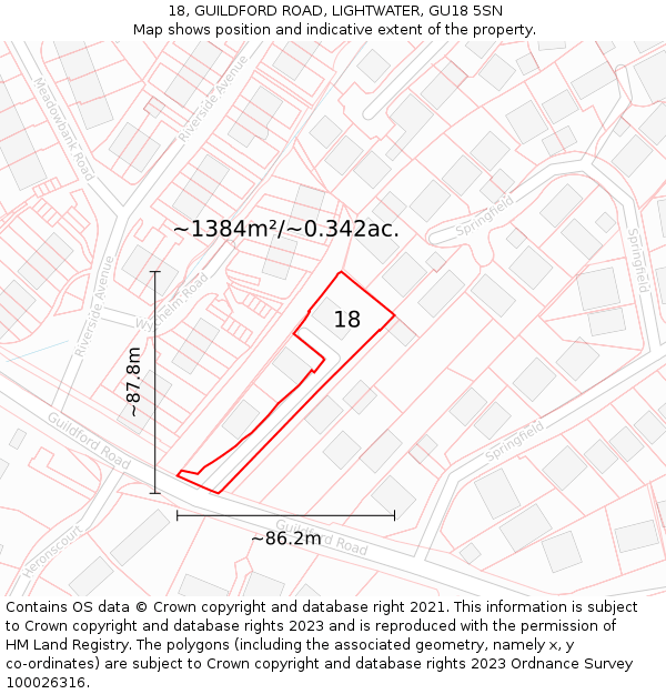 18, GUILDFORD ROAD, LIGHTWATER, GU18 5SN: Plot and title map