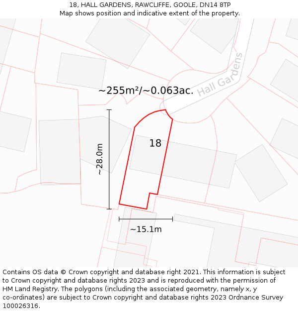 18, HALL GARDENS, RAWCLIFFE, GOOLE, DN14 8TP: Plot and title map