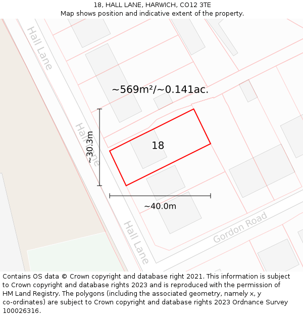 18, HALL LANE, HARWICH, CO12 3TE: Plot and title map