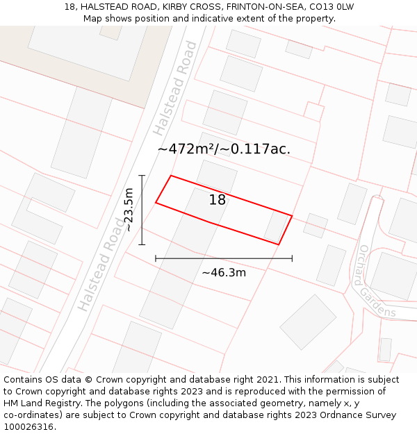 18, HALSTEAD ROAD, KIRBY CROSS, FRINTON-ON-SEA, CO13 0LW: Plot and title map