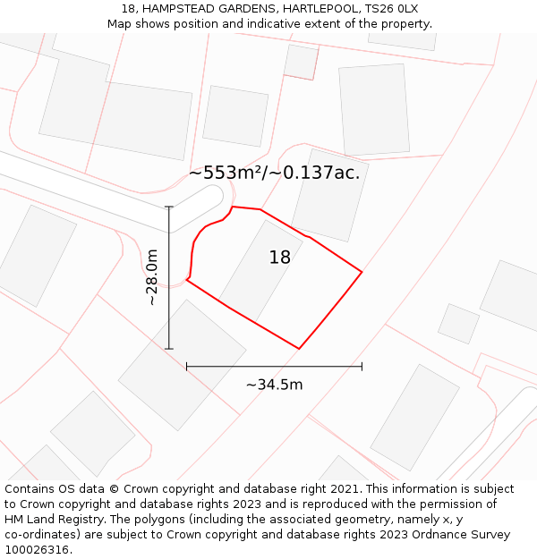 18, HAMPSTEAD GARDENS, HARTLEPOOL, TS26 0LX: Plot and title map