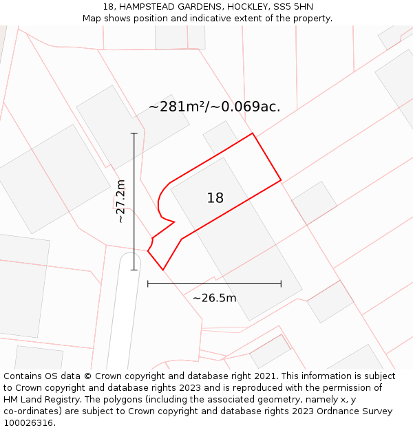 18, HAMPSTEAD GARDENS, HOCKLEY, SS5 5HN: Plot and title map