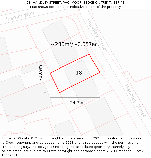 18, HANDLEY STREET, PACKMOOR, STOKE-ON-TRENT, ST7 4SJ: Plot and title map