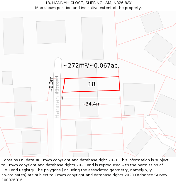 18, HANNAH CLOSE, SHERINGHAM, NR26 8AY: Plot and title map
