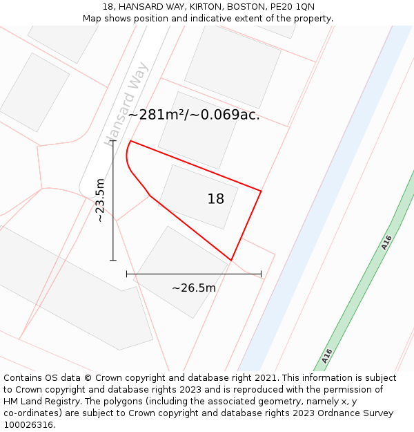 18, HANSARD WAY, KIRTON, BOSTON, PE20 1QN: Plot and title map