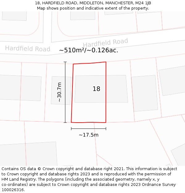 18, HARDFIELD ROAD, MIDDLETON, MANCHESTER, M24 1JB: Plot and title map