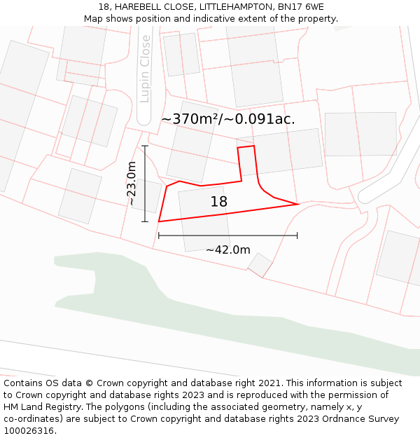 18, HAREBELL CLOSE, LITTLEHAMPTON, BN17 6WE: Plot and title map