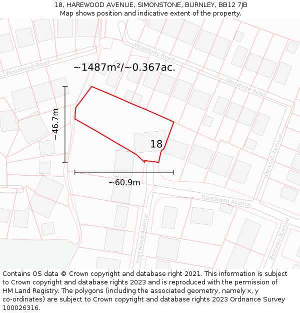 18, HAREWOOD AVENUE, SIMONSTONE, BURNLEY, BB12 7JB: Plot and title map