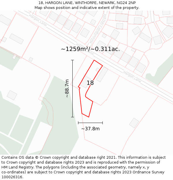 18, HARGON LANE, WINTHORPE, NEWARK, NG24 2NP: Plot and title map