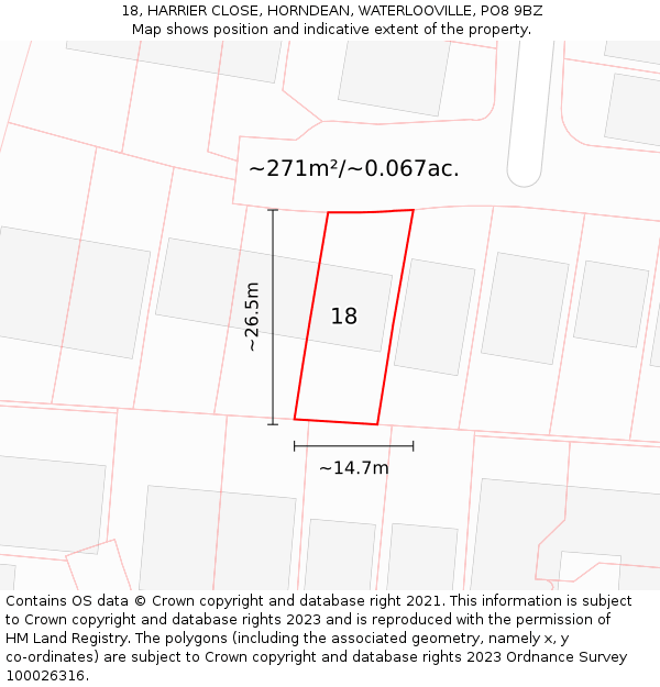 18, HARRIER CLOSE, HORNDEAN, WATERLOOVILLE, PO8 9BZ: Plot and title map