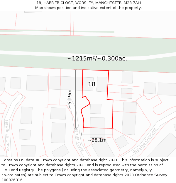 18, HARRIER CLOSE, WORSLEY, MANCHESTER, M28 7AH: Plot and title map