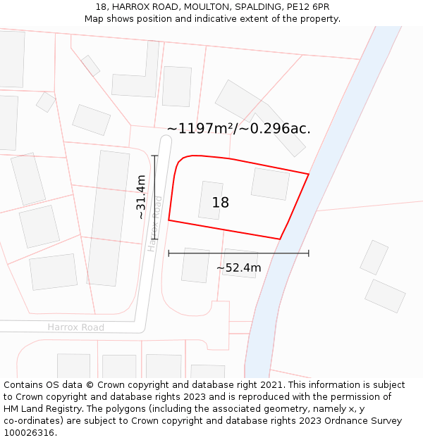 18, HARROX ROAD, MOULTON, SPALDING, PE12 6PR: Plot and title map