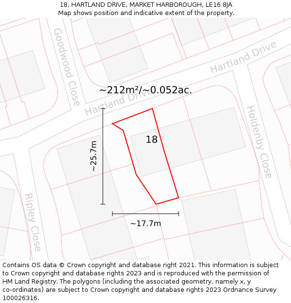 18, HARTLAND DRIVE, MARKET HARBOROUGH, LE16 8JA: Plot and title map