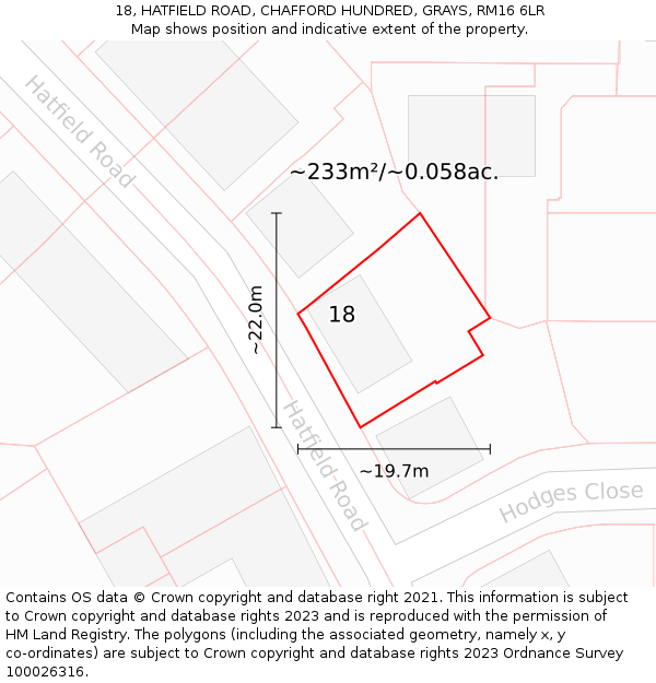 18, HATFIELD ROAD, CHAFFORD HUNDRED, GRAYS, RM16 6LR: Plot and title map