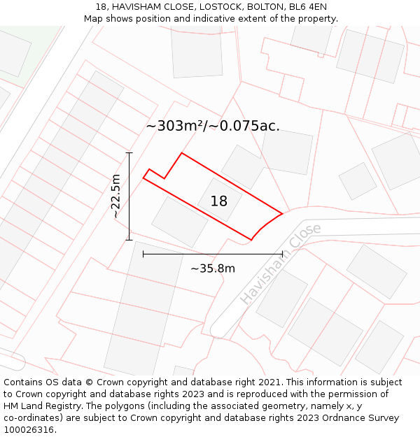 18, HAVISHAM CLOSE, LOSTOCK, BOLTON, BL6 4EN: Plot and title map
