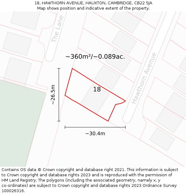 18, HAWTHORN AVENUE, HAUXTON, CAMBRIDGE, CB22 5JA: Plot and title map