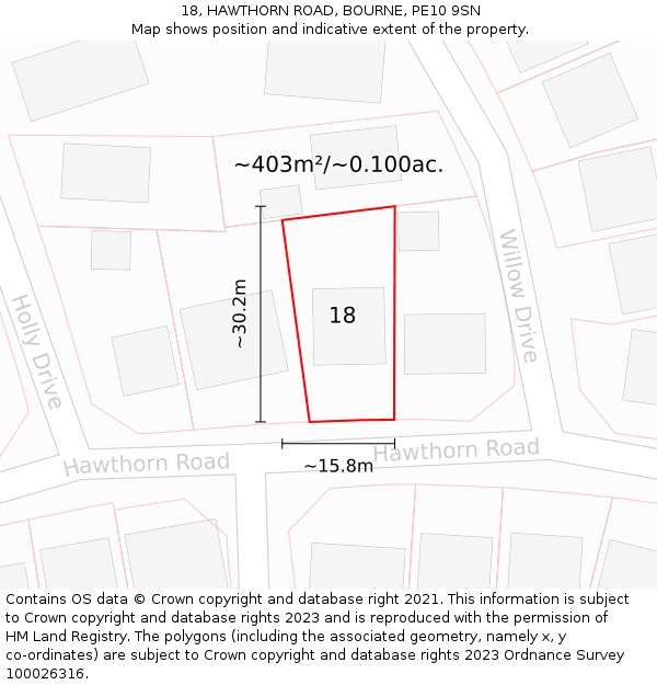 18, HAWTHORN ROAD, BOURNE, PE10 9SN: Plot and title map