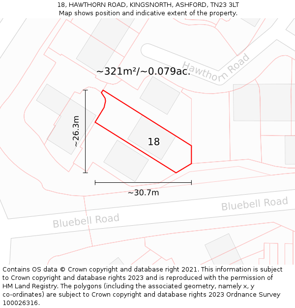 18, HAWTHORN ROAD, KINGSNORTH, ASHFORD, TN23 3LT: Plot and title map