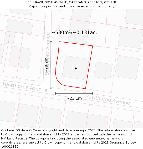 18, HAWTHORNE AVENUE, GARSTANG, PRESTON, PR3 1FP: Plot and title map