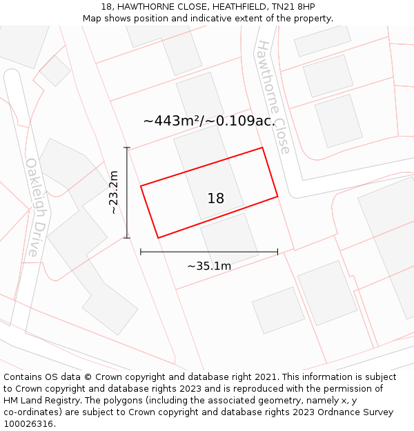 18, HAWTHORNE CLOSE, HEATHFIELD, TN21 8HP: Plot and title map