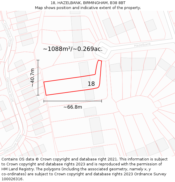 18, HAZELBANK, BIRMINGHAM, B38 8BT: Plot and title map