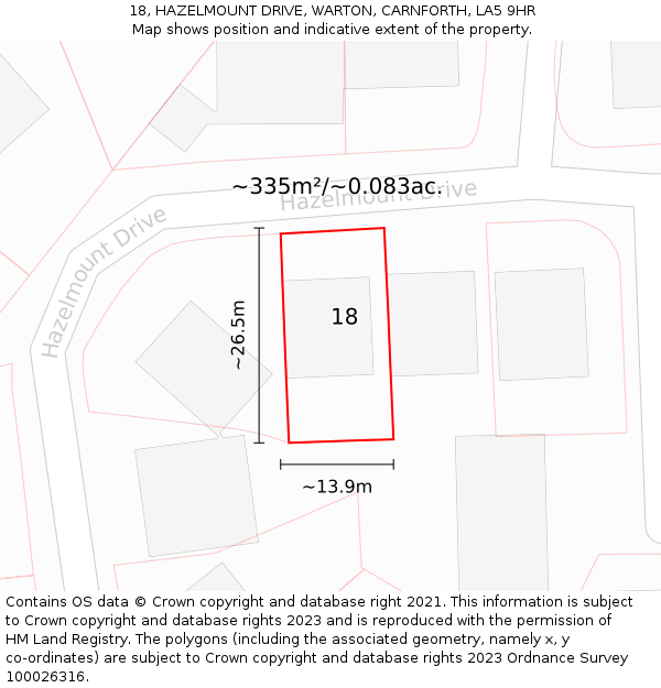 18, HAZELMOUNT DRIVE, WARTON, CARNFORTH, LA5 9HR: Plot and title map