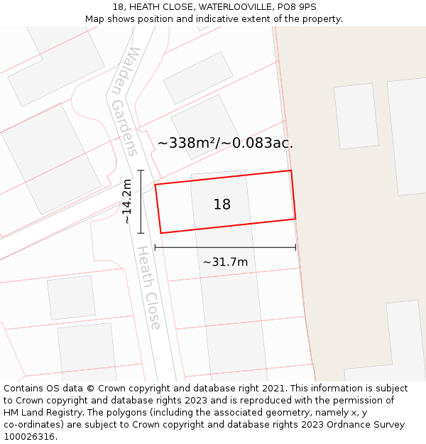 18, HEATH CLOSE, WATERLOOVILLE, PO8 9PS: Plot and title map