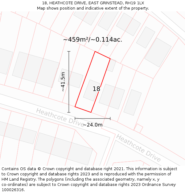 18, HEATHCOTE DRIVE, EAST GRINSTEAD, RH19 1LX: Plot and title map