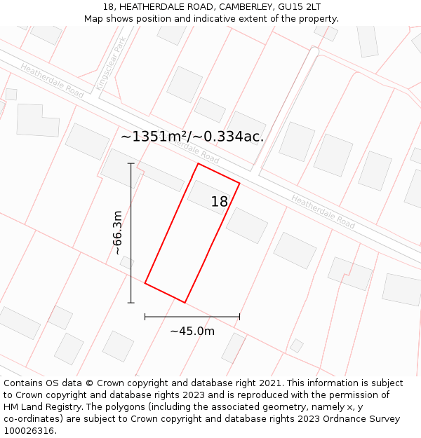 18, HEATHERDALE ROAD, CAMBERLEY, GU15 2LT: Plot and title map