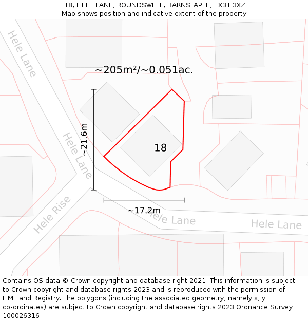 18, HELE LANE, ROUNDSWELL, BARNSTAPLE, EX31 3XZ: Plot and title map