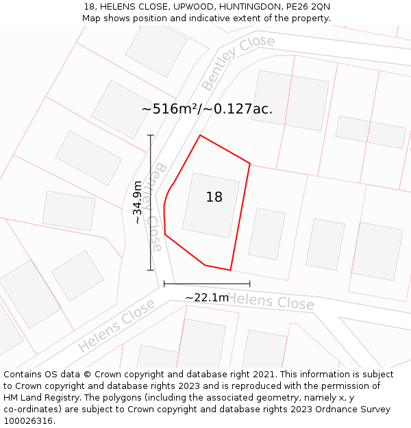 18, HELENS CLOSE, UPWOOD, HUNTINGDON, PE26 2QN: Plot and title map