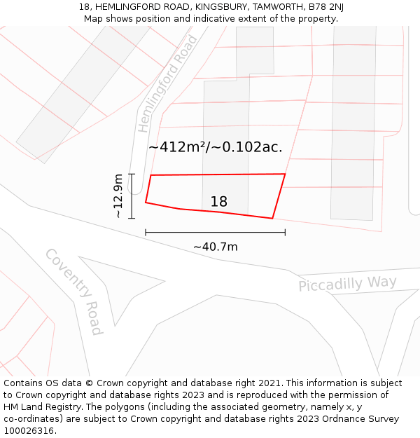 18, HEMLINGFORD ROAD, KINGSBURY, TAMWORTH, B78 2NJ: Plot and title map