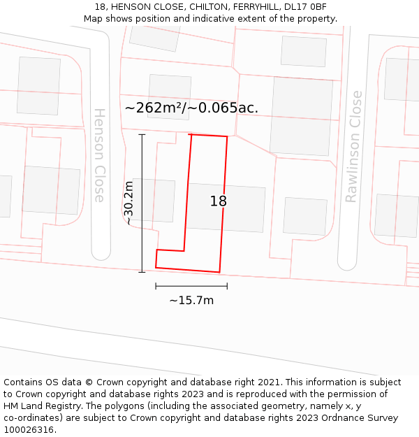 18, HENSON CLOSE, CHILTON, FERRYHILL, DL17 0BF: Plot and title map