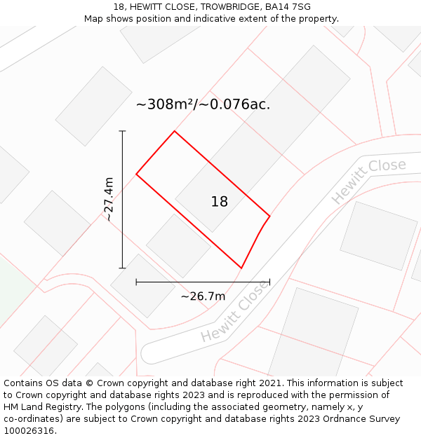 18, HEWITT CLOSE, TROWBRIDGE, BA14 7SG: Plot and title map