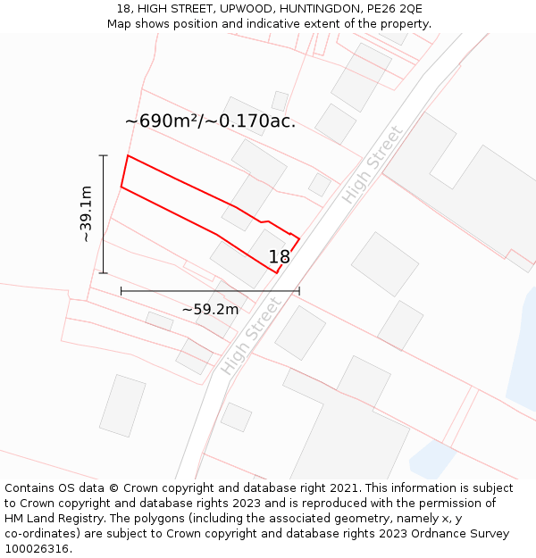 18, HIGH STREET, UPWOOD, HUNTINGDON, PE26 2QE: Plot and title map