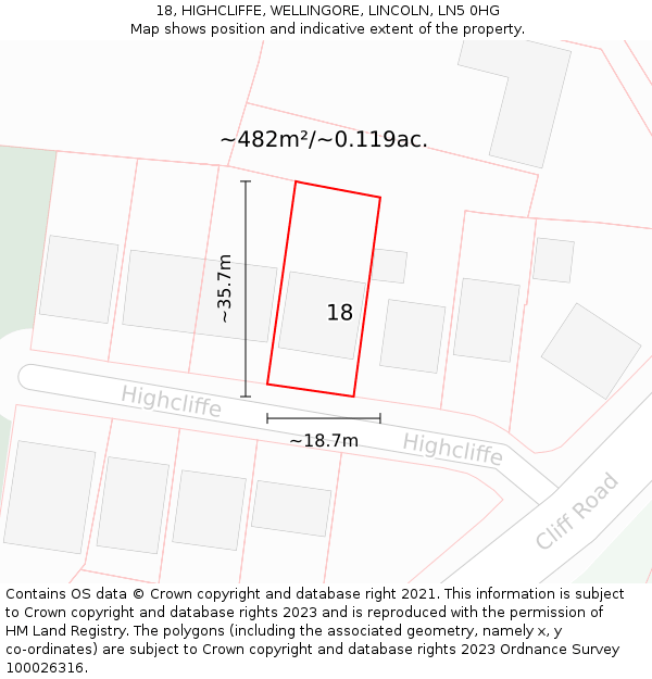 18, HIGHCLIFFE, WELLINGORE, LINCOLN, LN5 0HG: Plot and title map