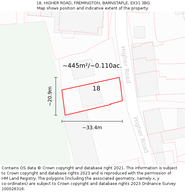 18, HIGHER ROAD, FREMINGTON, BARNSTAPLE, EX31 3BG: Plot and title map