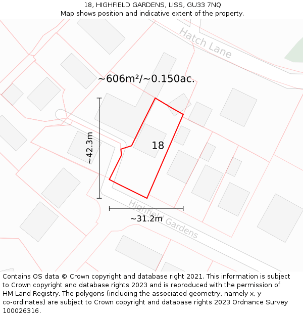 18, HIGHFIELD GARDENS, LISS, GU33 7NQ: Plot and title map