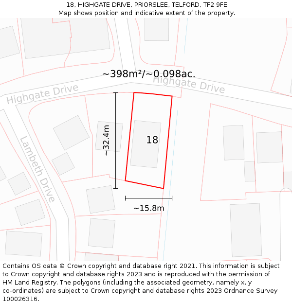 18, HIGHGATE DRIVE, PRIORSLEE, TELFORD, TF2 9FE: Plot and title map