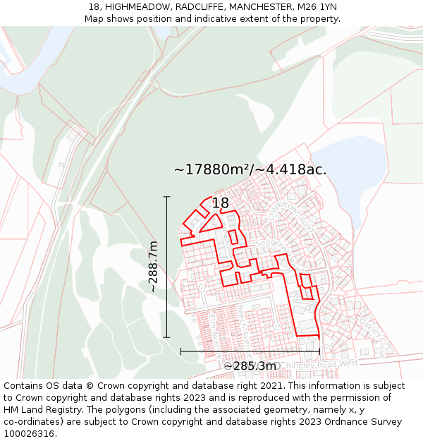 18, HIGHMEADOW, RADCLIFFE, MANCHESTER, M26 1YN: Plot and title map