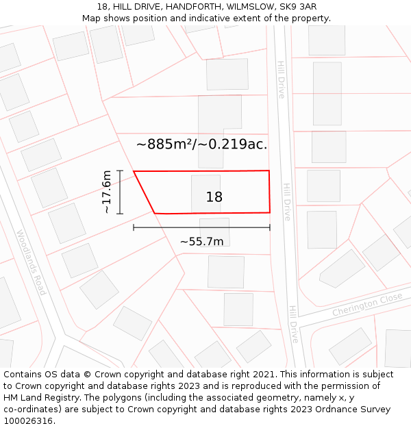 18, HILL DRIVE, HANDFORTH, WILMSLOW, SK9 3AR: Plot and title map