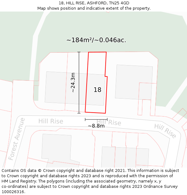 18, HILL RISE, ASHFORD, TN25 4GD: Plot and title map