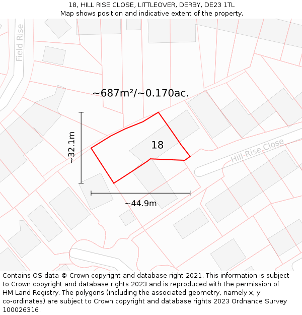 18, HILL RISE CLOSE, LITTLEOVER, DERBY, DE23 1TL: Plot and title map