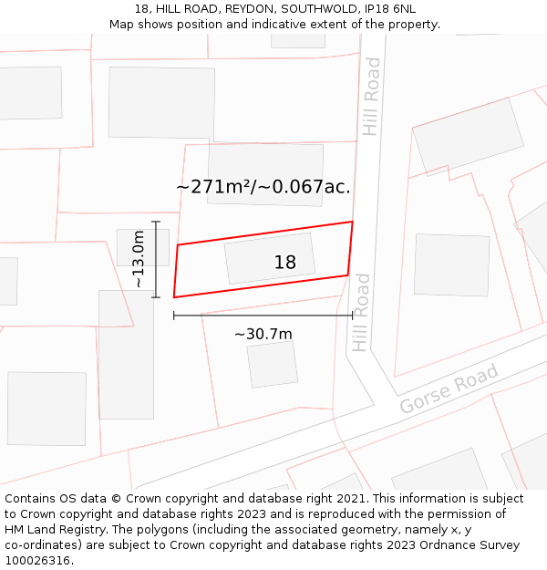 18, HILL ROAD, REYDON, SOUTHWOLD, IP18 6NL: Plot and title map