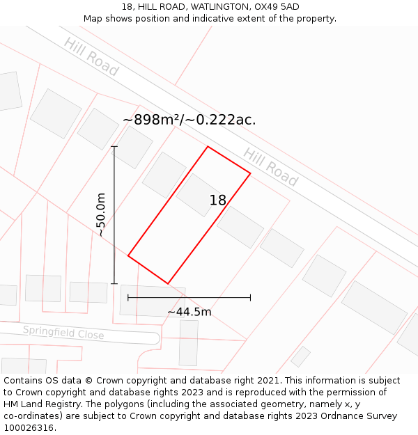 18, HILL ROAD, WATLINGTON, OX49 5AD: Plot and title map