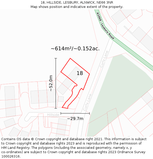 18, HILLSIDE, LESBURY, ALNWICK, NE66 3NR: Plot and title map