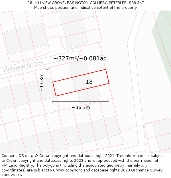 18, HILLVIEW GROVE, EASINGTON COLLIERY, PETERLEE, SR8 3NT: Plot and title map